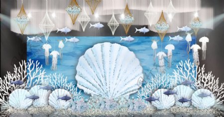海洋风巨型马赛克贝壳珊瑚水母婚礼效果图