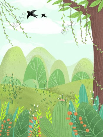 二十四节气立春草地树林背景设计
