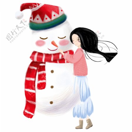 可爱手绘堆雪人的女孩素材