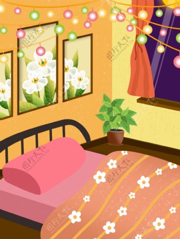 晚安世界卧室居家插画背景