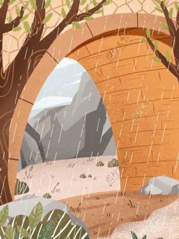 手绘雨季桥下风景插画背景