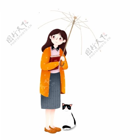 打伞的漂亮少女和猫png元素
