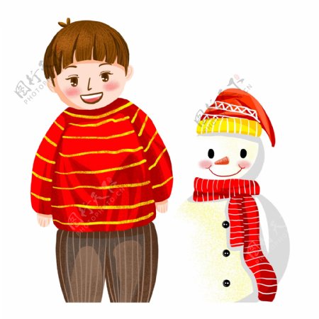 卡通可爱小男孩和雪人png素材