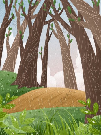 雨季卡通春季树林背景设计
