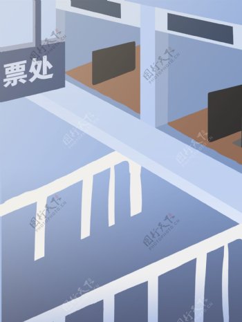 清新风蓝色火车站室内插画背景
