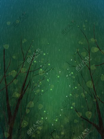 小雨节气树林风景插画背景