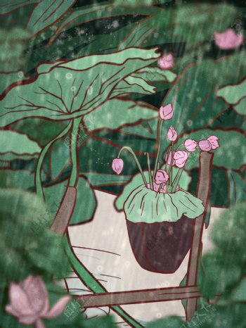 雨季绿色荷塘荷花插画背景