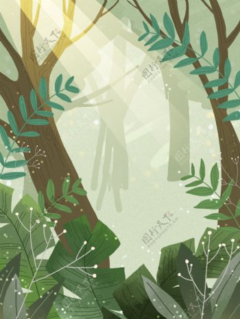 手绘清新春季树林背景设计