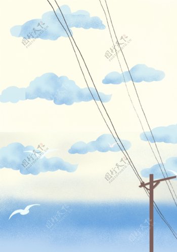 清新风蓝天白云电线杆手绘插画背景
