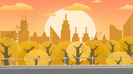 手绘秋季树林城市背景设计