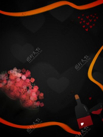 纯原创手绘黑色情人节玫瑰花红酒背景