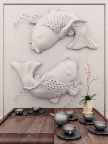 原创写实中式茶道文化双鱼边框3D创意背景