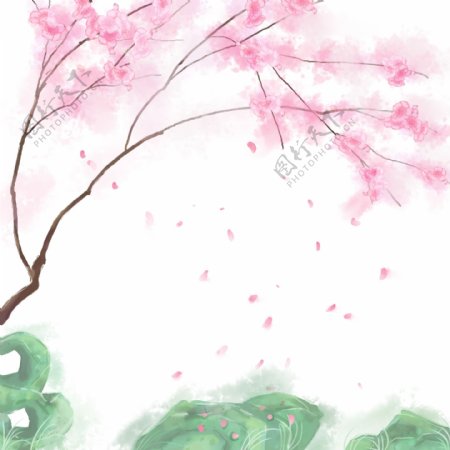 卡通手绘中国风粉红色花石头