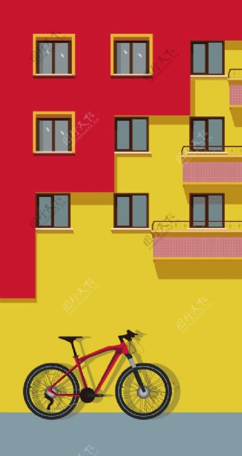 自行车红墙黄墙窗户窗台