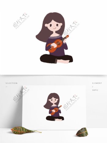 可爱手绘弹吉他小女孩