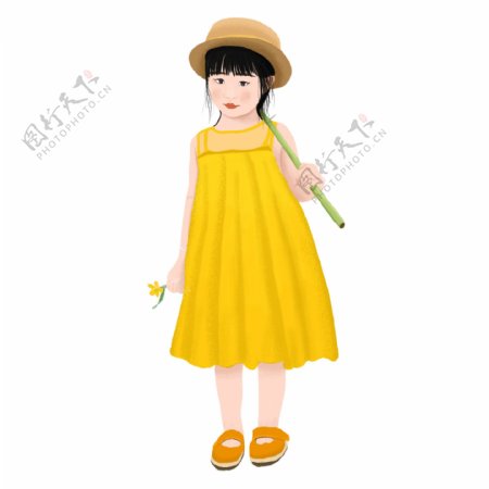 手绘穿黄色裙子的小女孩