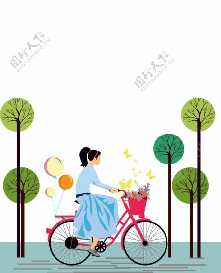 手绘卡通可爱的骑自行车的女生矢量图