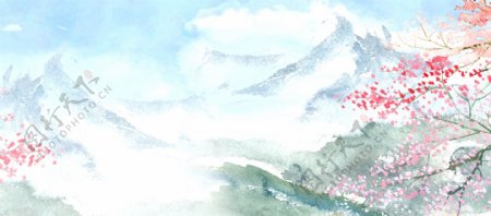水彩山脉中国风唯美Banner背景