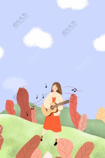 初春户外出行吉他女孩插画海报