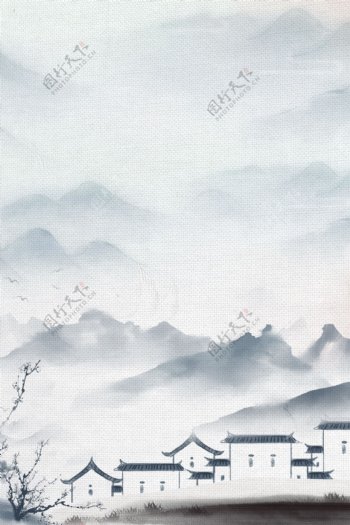 水墨复古中国风山水古建筑海报
