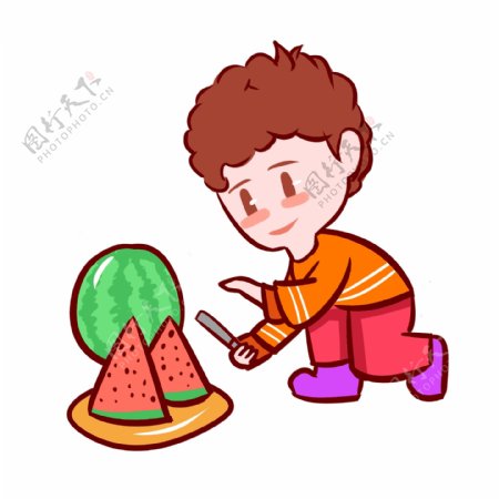 小男孩吃西瓜手绘插画