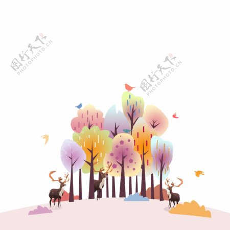 春天彩色树林麋鹿原野装饰边框底框海报边框底部边框