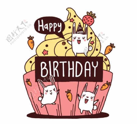 可爱纸杯蛋糕和兔子生日贺卡