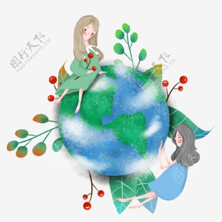 简约守护地球的两个女孩插画海报免抠元素