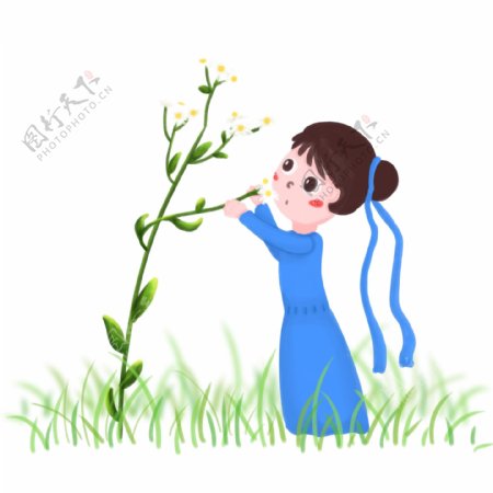 插画风蓝裙女子花植物