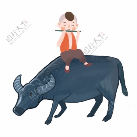 一个坐在牛背上吹笛的小孩