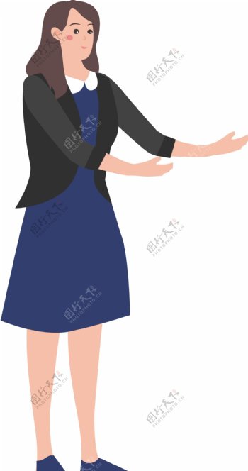 手绘卡通职场穿蓝裙子的女人免扣元素