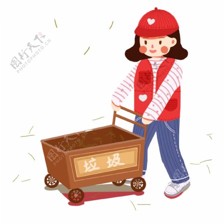 卡通手绘推着垃圾车的志愿者女孩