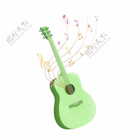 手绘渐变漂浮音符环绕乐器绿色吉他装饰图案