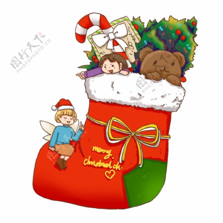 圣诞节红色装满礼物的圣诞袜小人免抠素材