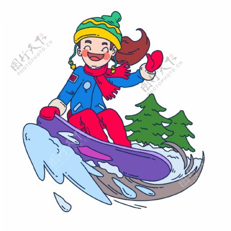 卡通假日出游滑雪人物插画