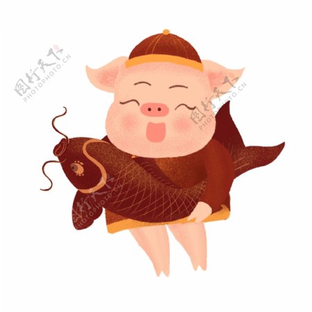 新年抱锦鲤的猪手绘插画