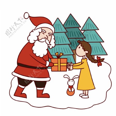 手绘卡通可爱圣诞节圣诞老人与小女孩