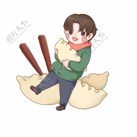 手绘卡通可爱男孩抱着饺子