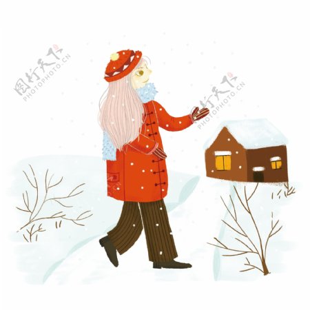 冬季冬天节气冬装卡通红大衣可爱美女插画
