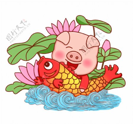 新年猪年2019农历新年锦鲤猪卡通免扣手绘