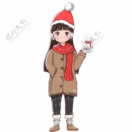 冬至时节拿着小雪人的红围巾女孩