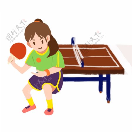 卡通手绘扁平活力马尾运动女孩打乒乓球发球乒乓球桌