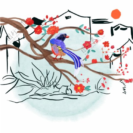 中国风水墨水彩工笔腊梅喜鹊登枝原创手绘免抠高清图