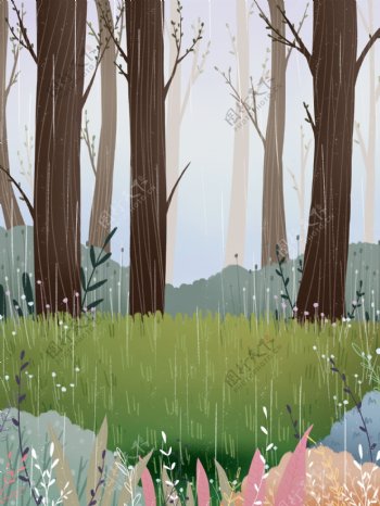 彩绘二十四节气雨水丛林背景素材
