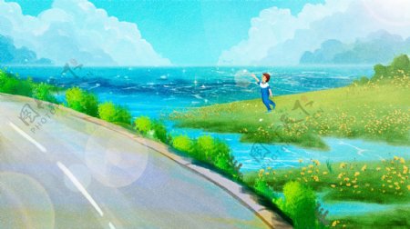 小清新户外山村湖边旅游插画
