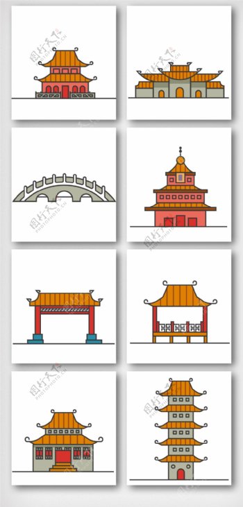 卡通中国风庙宇图案元素
