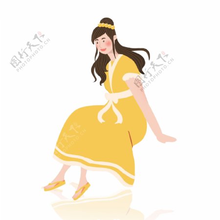 小清新穿着黄色连衣裙的女孩插画人物