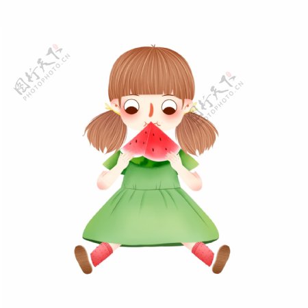 手绘可爱吃西瓜的女孩