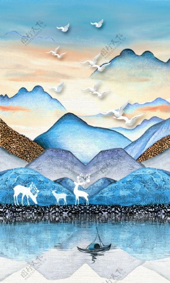 山水麋鹿彩绘玄关背景