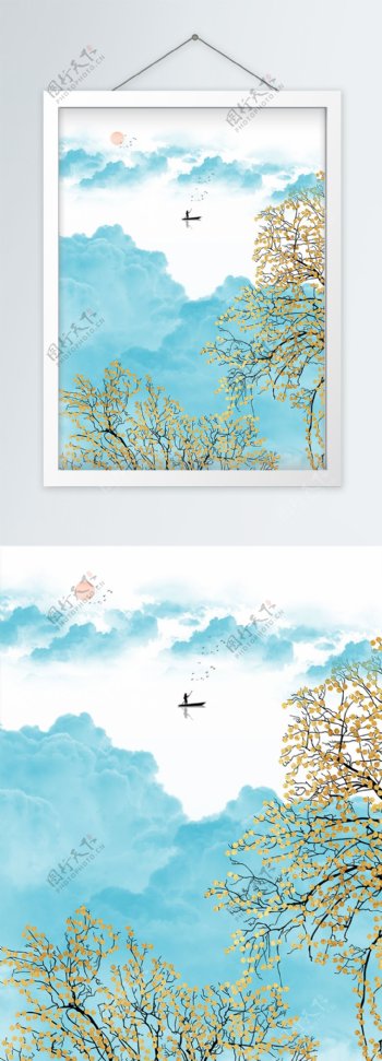 新中式意境山水黄金果树装饰画